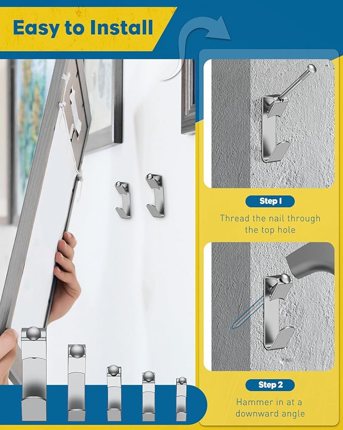 Uniclife 188 Pcs Picture Hanging Kit, 10 lb, 20 lb, 30 lb, 50 lb, 100 lb Heavy Duty Picture Hangers for Drywall & Wood, Picture Hanging Hooks, Frame Hooks for Hanging Photos Mirrors Paintings Silver