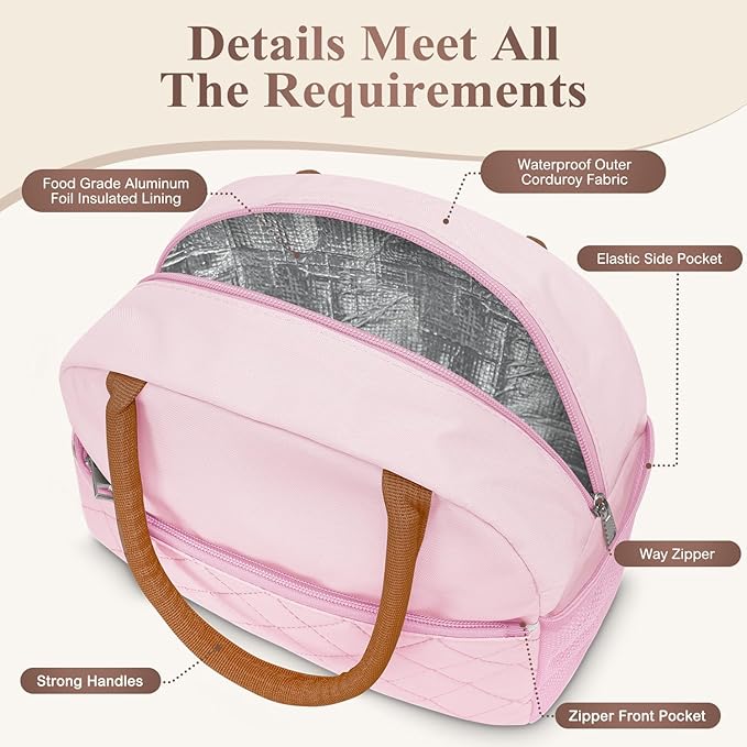 Lunch Box for Women Adult Men Insulated Cute Quilted Lunch Bag Women Reusable Large Lunch Tote Bag Leakproof Simple Cooler Bag for Work Office Picnic Beach or Travel