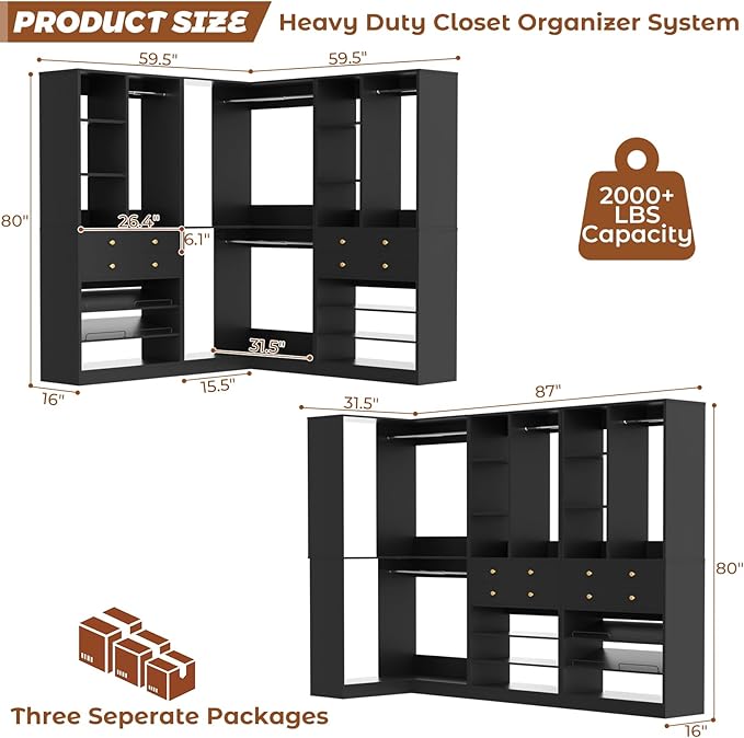 Closet System with 4 Drawers and Hanging Rods, 59.5"L / 87"L Closet Organizer System with Corner Tower, L Shaped Walk-in Closet System, Corner Closet System with Shelves, Set of 3, Black
