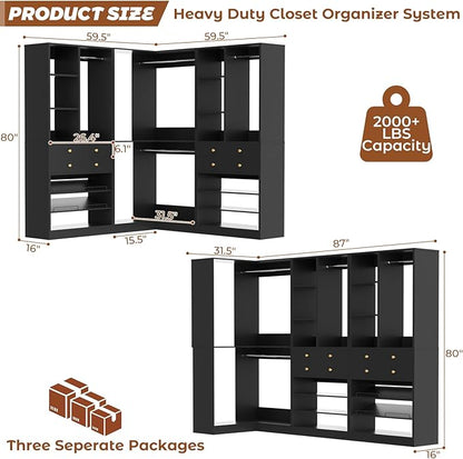 Closet System with 4 Drawers and Hanging Rods, 59.5"L / 87"L Closet Organizer System with Corner Tower, L Shaped Walk-in Closet System, Corner Closet System with Shelves, Set of 3, Black