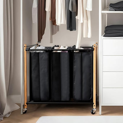 STORAGE MANIAC 3 Section Laundry Sorter, 35.9 Gal (136 L) Laundry Hamper Cart with Heavy Duty Rolling Lockable Wheels and Removable Bags, Clothes Organizer Basket Clothes Separator Hamper, Bamboo