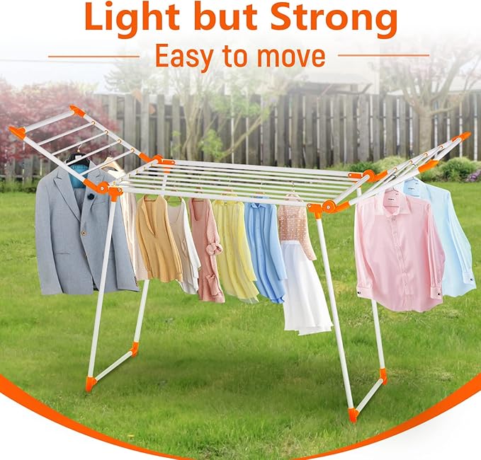 Clothes Drying Rack, Gullwing Laundry Rack, Collapsible, Space-Saving Laundry Rack, with Bonus Sock Clips, for Clothes, Towels, Linens, Indoor/Outdoor, Orange