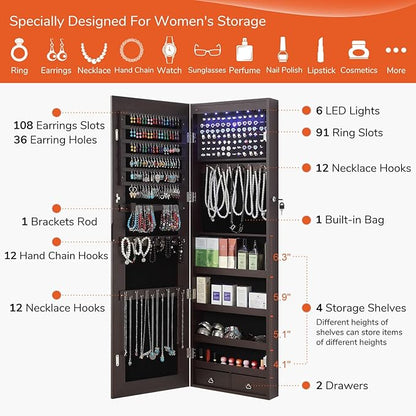GISSAR Full Length Mirror Jewelry Cabinet, 6 LEDs Jewelry Armoire Wall Mounted Over The Door Hanging, Jewelry Organizer Storage with Lights Lockable, Brown, 14.6" x 47.2"