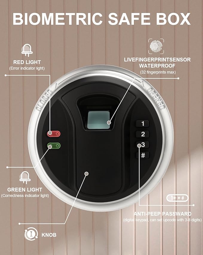TIGERKING Biometric Fingerprint Home Safe, 1.2 Cubic Feet Digital Security Safe Lock Box, Quick-Access Small Safes for Cash, Jewelry, Document, White