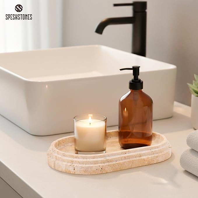 Marble Tray 9.75 Inch Handmade Travertine Bathroom Tray for Countertop Décor - Decorative Trays for Candle, Jewelry & Vanity Accessories