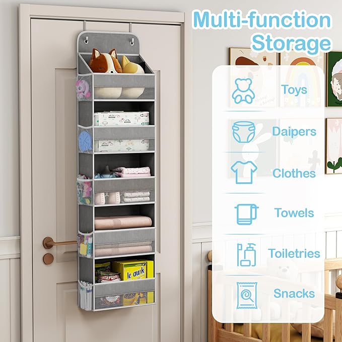 LAMU 5-Tier Over The Door Organizer Hanging, Swing - Proof Closet Behind Door Storage for Baby Clothes, Back of Door Organizers for Bedroom, Nursery and Bathroom, Grey, 2 Pack