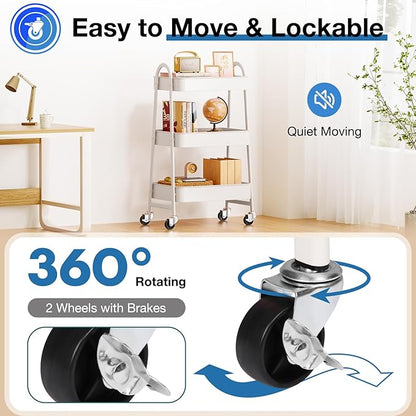 OLIXIS 3 Tier Utility Rolling Cart, Metal Mobile Storage Shelf with Lockable Caster Wheels, Organization for Livingroom, Bathroom & Narrow Places, White