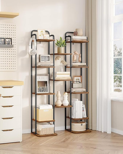 8 Tiers Vertical Shoe Rack, Narrow Shoe Tower, Tall Shoes Shelf with 2 Hooks, Adjustable Shelves, Corner Shoes Shelves for Small Spaces, Entryway, Living Room, Rustic Brown SR04301B