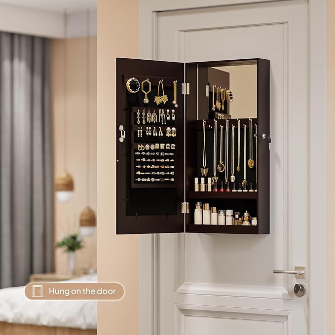 Bonnlo Jewelry Armoire with Photo Frame, Inner Mirror,23.62 x 11.81 x 3.55 inch, Key Storage Cabinet, Lockable Design,Wall Mount (dark brown)