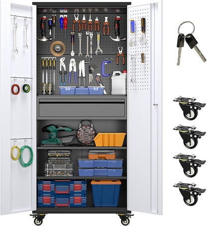 Aobabo Garage Storage Cabinet with Wheels, Metal Storage Cabinet with 1 Drawer for Home,Garage,Assembly Required,Black&Grey