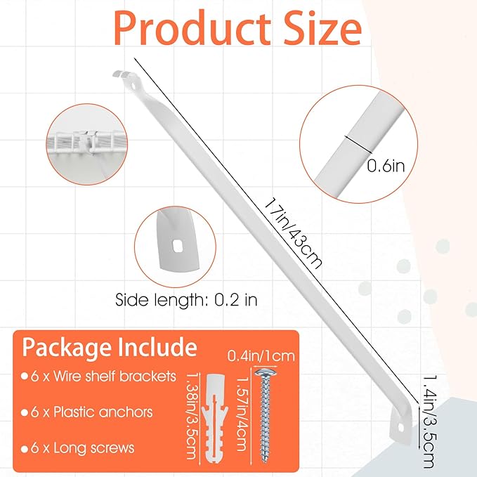 12 Inch Wire Shelf Support Brackets, 6 Pack Metal Closet Shelf Hardware with Anchors and Pins for Sturdy Installation, White Epoxy Coated Steel Shelving Support