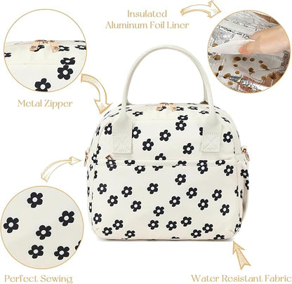 CAMTOP Lunch Box for Women Men Insulated Lunch Bag Lunch Tote Bag Leakproof Thermal Cooler Large Capacity for Travel Work School Picnic (Black Flower)