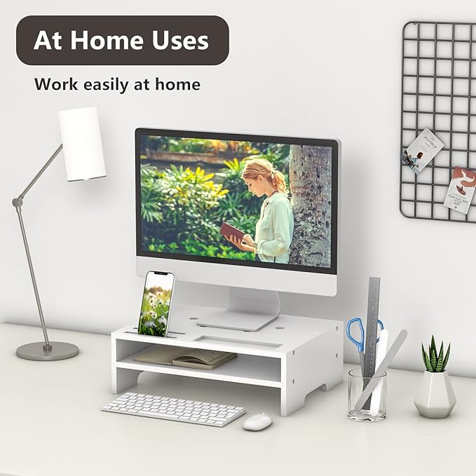 Bambloom Monitor Stand Riser with Storage Organizer Desktop with Cooling Holes Bamboo Laptop Riser Shelf for Office and Home Use 16.7x11.8x5 inch (White)