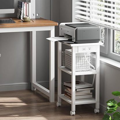 TUTOTAK 3 Tier Printer Stand, Rolling Printer Cart with Power Outlets and USB Ports, Mobile Printer Table with Wheels, for Under Desk, Office, Home, White PS02BW001