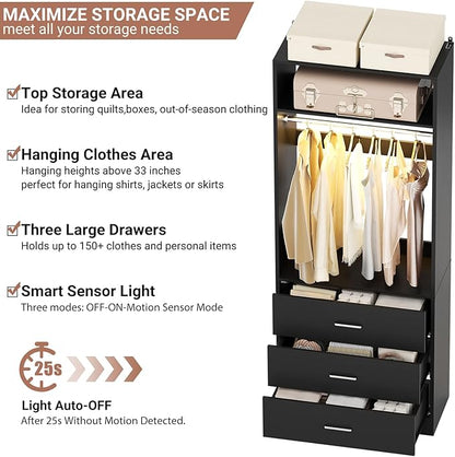 4FT Closet System with 2 Motion Sensor LED Lights, 48" Closet Systems with 6 Drawers, Closet Organizer System with 2 Hanging Rods & 2 Shelves, Heavy Duty 48 Inch Walk-in Closet, Black