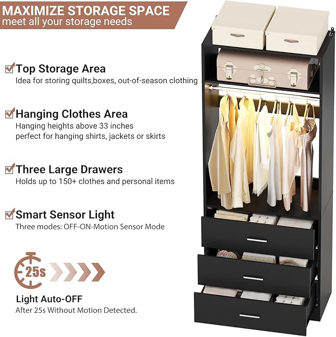 2FT Closet System with 3CCT Motion Sensor Light, 24" Closet Organizer with 3 Wooden Drawers, Closet Systems with Hanging Rod & Top Storage, Small Closets Wardrobe for Walk-in Closets, Black