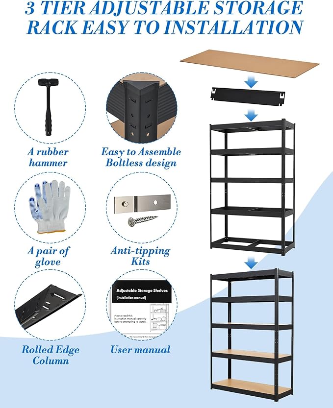 Garage Storage Shelves,Heavy Duty Garage Shelving Metal Adjustable Garage Shelves,5-Tier Adjustable Shelving Units,Loads 2000 LBS,Metal Storage Utility Racks for Warehouse,Pantry, Basement (48x24x72)