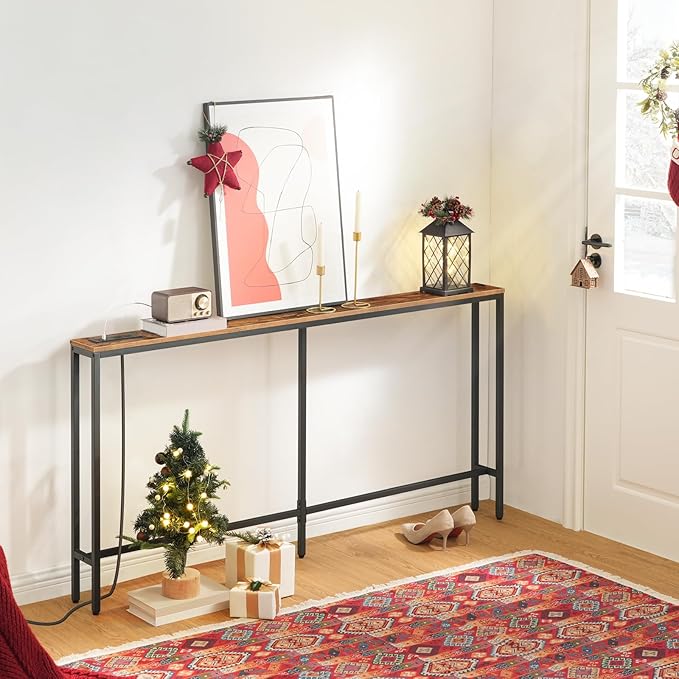 63'' Skinny Console Table with Charging Station, Narrow Long Sofa Couch Table, Easy Assembly, Entryway Table for Living Room, Foyer, Hallway, Rustic Brown CTHR165E01Z1