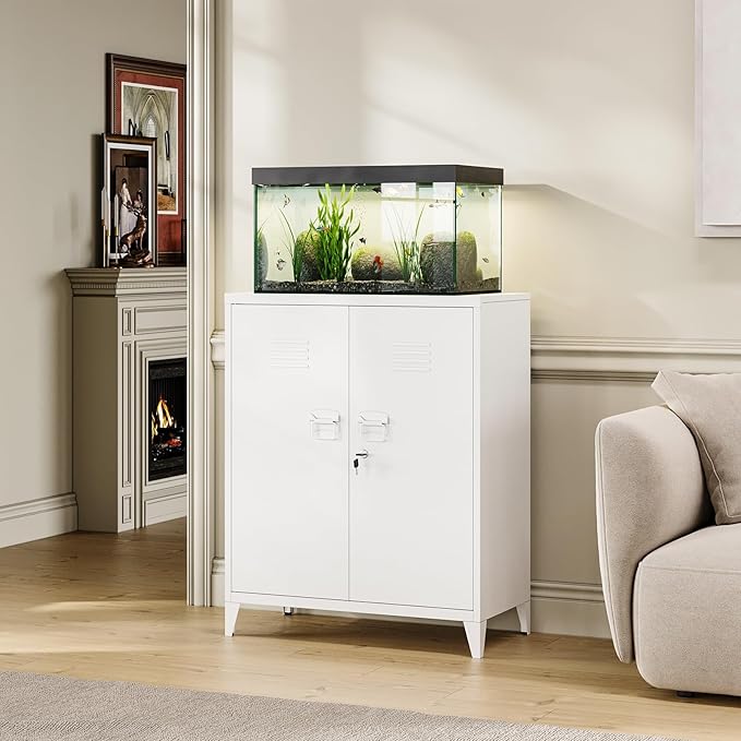 MIIIKO Metal Locker with 2 Doors,White Storage Sideboard Accent Cabinets for Kitchen,Pantry,Office，Garage