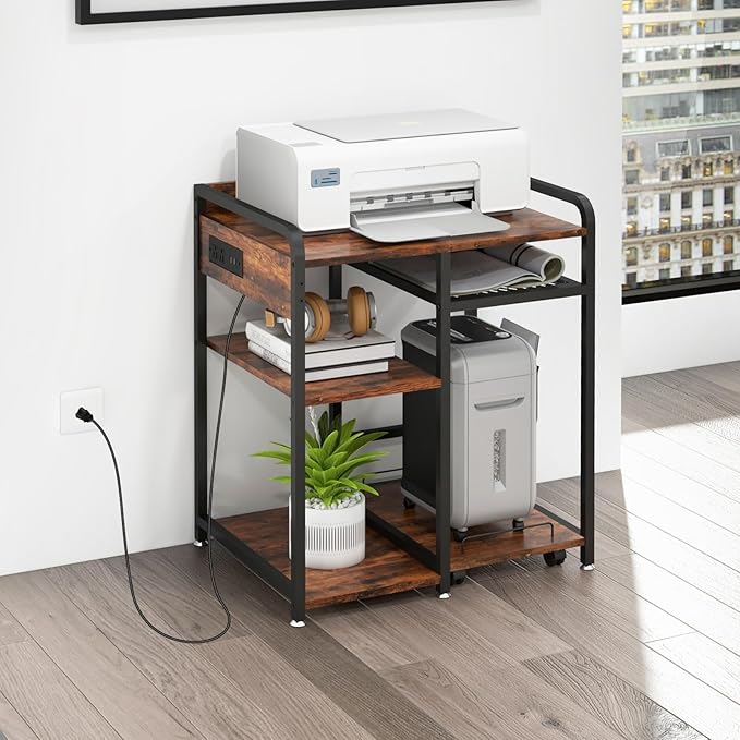 Livofloral Large Printer Stand for Home Office, 23.6 x 18.9 Inch Printer Stand with Power Outlet USB Port, Printer Table with Storage Shelf, Printer Shredder Stand with Wheels, Rustic Brown