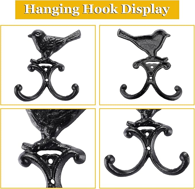 OwnMy Cast Iron Bird Coat Hooks Decorative Wall Hook, Vintage Dog Leash Holder Farmhouse Key Holder for Wall, Heavy Duty Indoor Outdoor Double Wall Hooks for Hanging Towels, Hats, Potted Plants, Tools