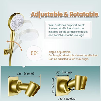 Shower Head Holder Handheld Shower Wand Holder Adjustable Shower Head Bracket Shower Wall Mount Holder, Brushed Brass/Gold Finish, Drill Free Glue Installation