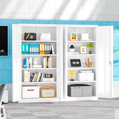 Bonusall Metal Garage Cabinets with 2 Door and 4 Shelves, Locking Cabinet with for Storage，Tall Garage Storage Cabinets for Home Office, Warehouse，School(White)