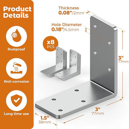 8 Pcs 3"x3" L Brackets Heavy Duty, Galvanized Corner Brace for Wood, Angle Iron with Recessed Holes, 90 Degree Angle Bracket for Floating Shelves, Wood Beams, Furniture, Bed