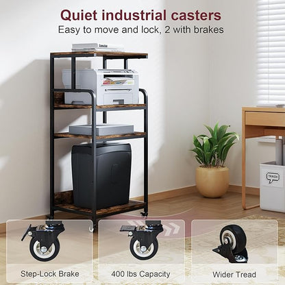 Extra Large Printer Stand with Wheels, 4-Tier Tall Printer Table, Printer and Shredder Stand with Storage Shelf for Home Office (Rustic Brown)