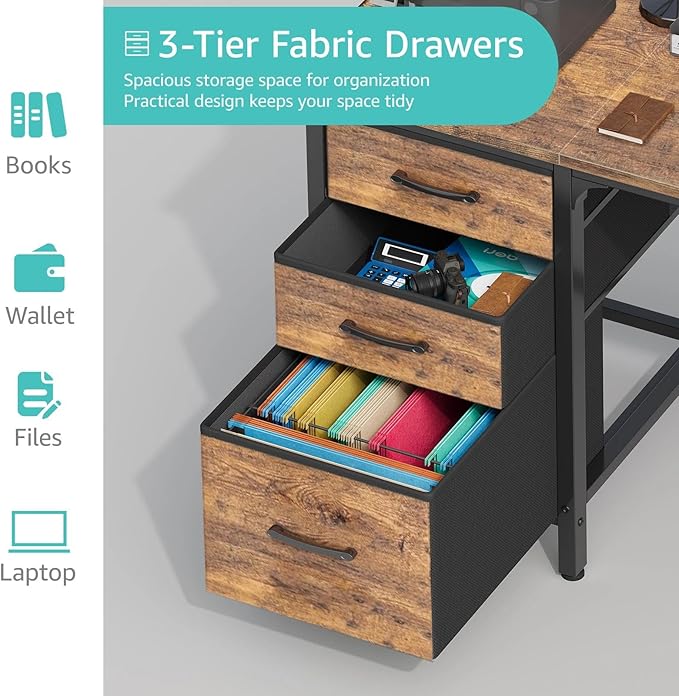 Lufeiya Computer Desk with Fabric File Drawers Cabinet, 47 Inch Reversible Home Office Desks with Filing Cabinet for Small Space, Study Writing Table PC Desks, Rustic Brown