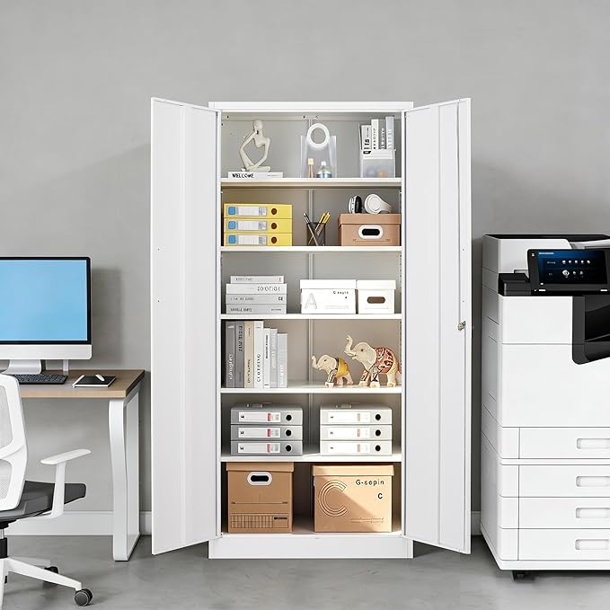 Metal Storage Cabinet with Lock,Tall White File Cabinet with 2 Doors and 5 Adjustable Shelves,Steel Storage Cabinets for Garage,Home Office,Pantry,School,Hospital