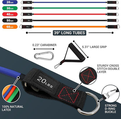 TheFitLife Exercise Resistance Bands with Handles - 5 Fitness Workout Bands Stackable up to 110/150/200/250/300 lbs, Training Tubes with Large Handles, Ankle Straps, Door Anchor, Carry Bag