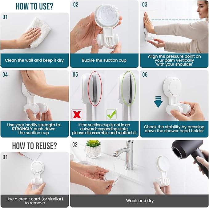 TAILI Shower Head Holder Suction Cup, Handheld Shower Head Bracket, Height Angle Adjustable,Bathroom Showerhead Holder No Drilling Removable Waterproof, White