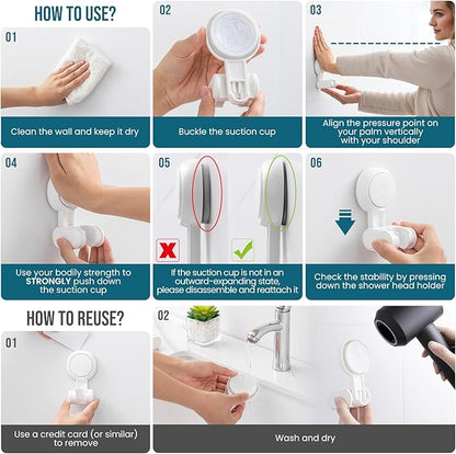 TAILI Shower Head Holder Suction Cup, Handheld Shower Head Bracket, Height Angle Adjustable,Bathroom Showerhead Holder No Drilling Removable Waterproof, White