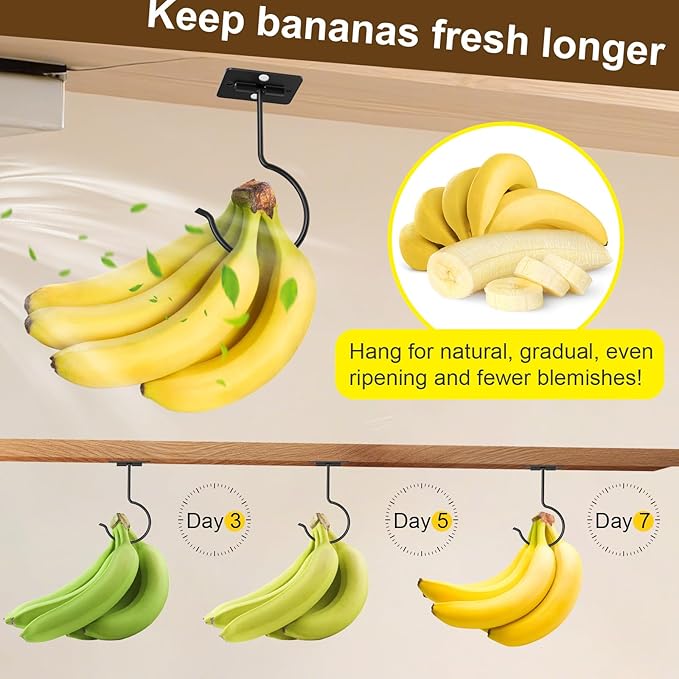 2 Packs Under Cabinet Banana Hooks, Foldable Magnetic Banana Holder with Strong Self-Adhesive & Screws for Extra Stability, Metal Banana Stand for Kitchen Counter – Black