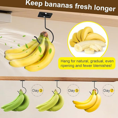 2 Packs Under Cabinet Banana Hooks, Foldable Magnetic Banana Holder with Strong Self-Adhesive & Screws for Extra Stability, Metal Banana Stand for Kitchen Counter – Black