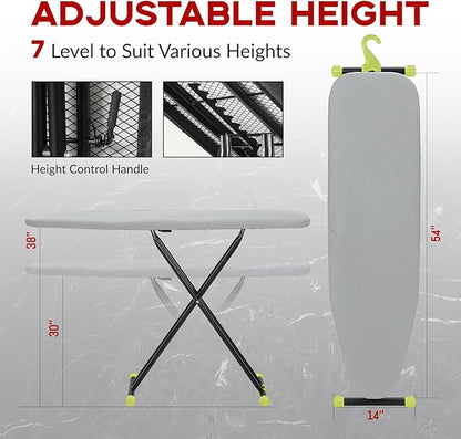 Ironing Board Full Size 54x14, RAINHOL Height Adjustable Iron Board with Thick Padded Cover and Smart Hanger, Heavy Duty Foldable Ironing Table with Silicone Pad Iron Rest, Gray