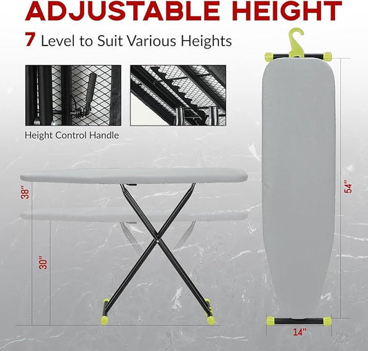 Ironing Board Full Size 54x14, RAINHOL Height Adjustable Iron Board with Thick Padded Cover and Smart Hanger, Heavy Duty Foldable Ironing Table with Silicone Pad Iron Rest, Gray