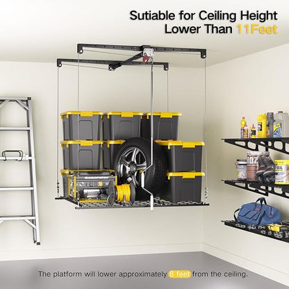 Garage Ceiling Storage Rack, 4x4 Ft Adjustable Overhead Garage Storage Rack Lift, Heavy-Duty Ceiling Mounted Storage Lift System for Garage Organization, 250lbs Weight Capacity