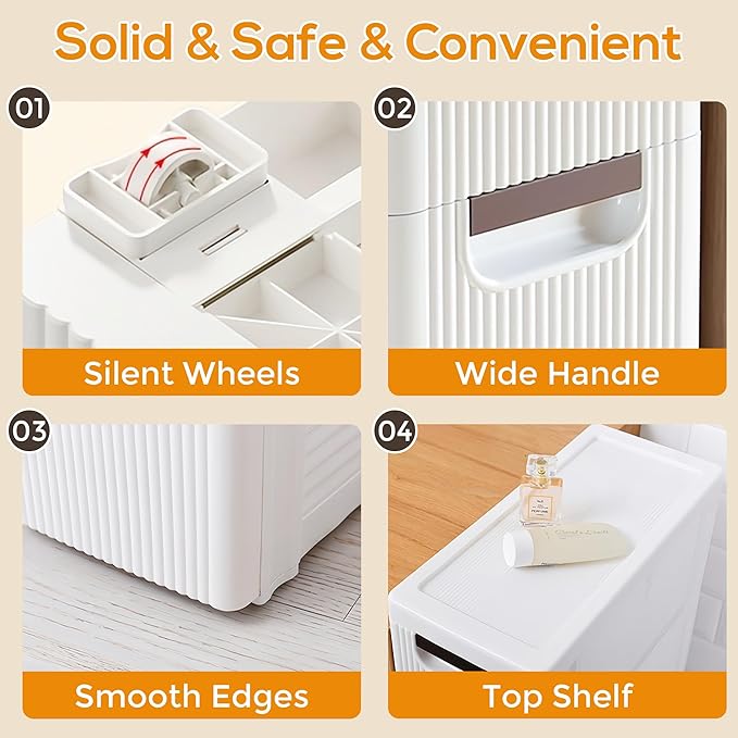 3 Drawers Slim Bathroom Storage Cabinet Dresser, Narrow Plastic Rolling Cart Organizer with Drawers, for Small Spaces, Kitchen, Laundry, Office, Bedroom, White