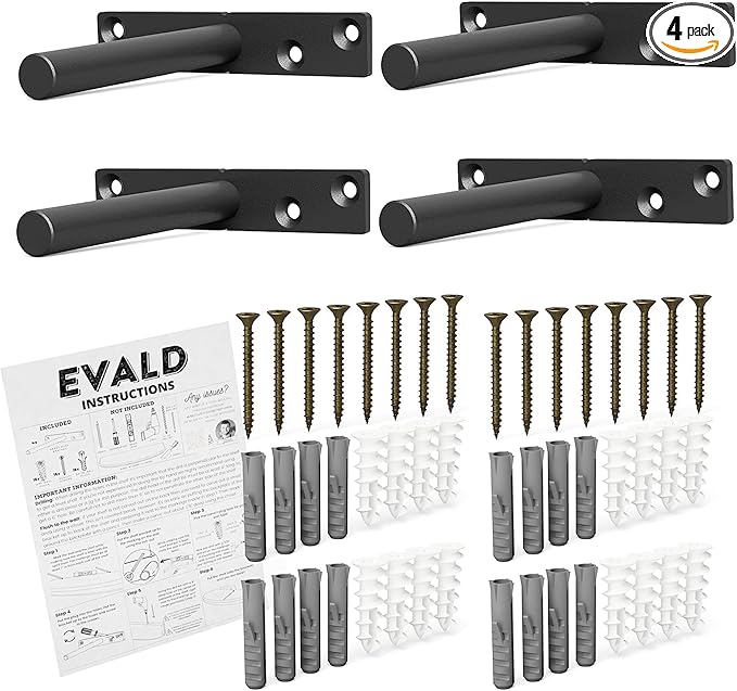 EVALD Heavy Duty Floating Shelf Bracket | 4-Inch Floating Mantel Mount, Blind Shelf Supports, and Anchors | Floating Shelf Hardware for Home and Office Decor | Fireplace Mantel Brackets (4 Pack)
