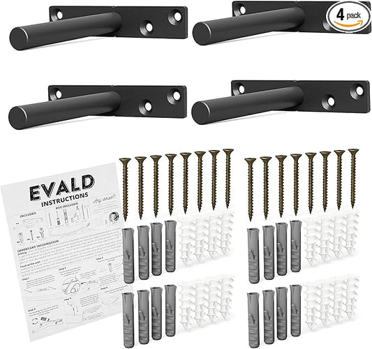 EVALD Heavy Duty Floating Shelf Bracket | 4-Inch Floating Mantel Mount, Blind Shelf Supports, and Anchors | Floating Shelf Hardware for Home and Office Decor | Fireplace Mantel Brackets (4 Pack)