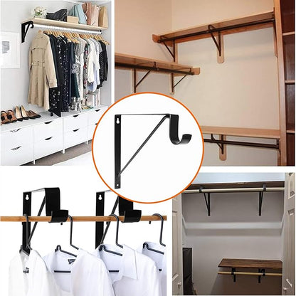 4 Pack Heavy Duty Closet Shelf & Rod Brackets, Wall Mounted Closet Shelf Brackets, 11 x 10.2 Inch Closet Shelf Brackets with Rod Support, Black