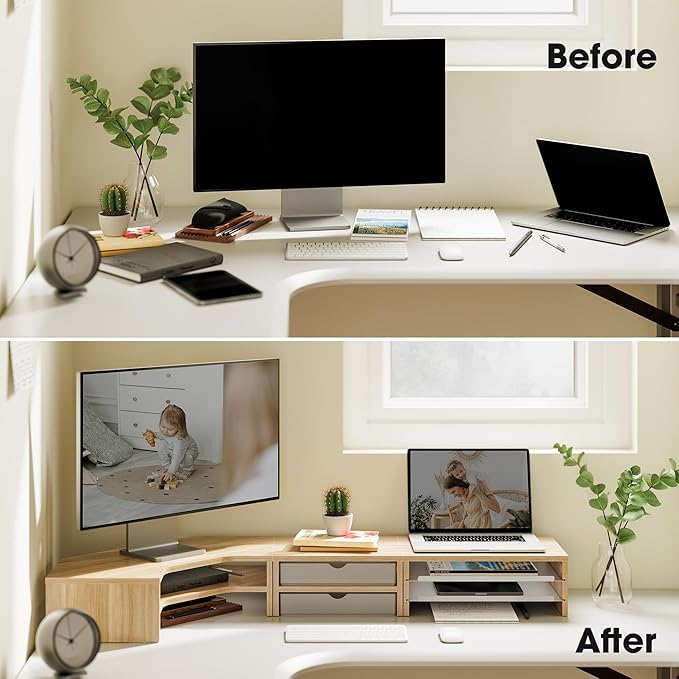 Fenge Dual Monitor Stand, Corner Monitor shelf with Drawer and Slide-Out Tray, 2 Tier Triangle Monitor Riser with Storage, Desk Shelf Organizer for Desk, Home Office, Computer, Laptop, Printer