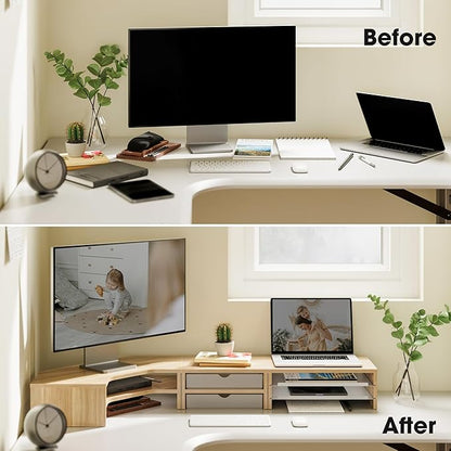 Fenge Dual Monitor Stand, Corner Monitor shelf with Drawer and Slide-Out Tray, 2 Tier Triangle Monitor Riser with Storage, Desk Shelf Organizer for Desk, Home Office, Computer, Laptop, Printer