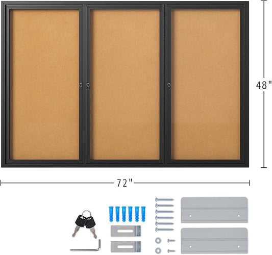 INNOVART Enclosed Bulletin Board 72”x48”, Lockable Cork Noticeboard with Black Aluminum Frame, Outdoor Enclosed Bulletin Board Weatherproof, Wall Display Case with Swing-Open Door Information Cabinet
