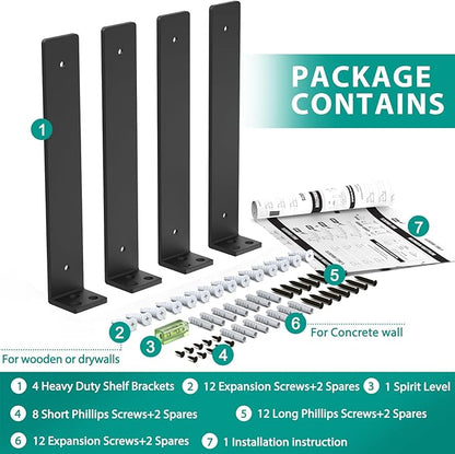Goovilla Shelf Brackets, Heavy Duty Floating Shelf Bracket 10 Inch for 2×4” Wood Stud, 4 Pack L Brackets for Shelves, Black Metal Wall Shelving Brackets, Shelf Support Bracket, 160 lb. Load Capacity