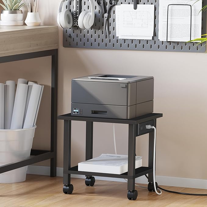 TUTOTAK 2 Tier Printer Stand, Rolling Printer Cart with Power Outlets and USB Ports, Mobile Printer Table with Wheels, for Under Desk, Office, Home, Black PS01BK001