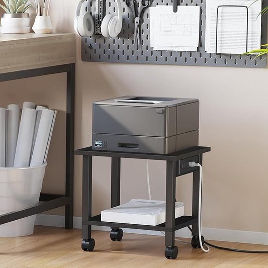 TUTOTAK 2 Tier Printer Stand, Rolling Printer Cart with Power Outlets and USB Ports, Mobile Printer Table with Wheels, for Under Desk, Office, Home, Black PS01BK001