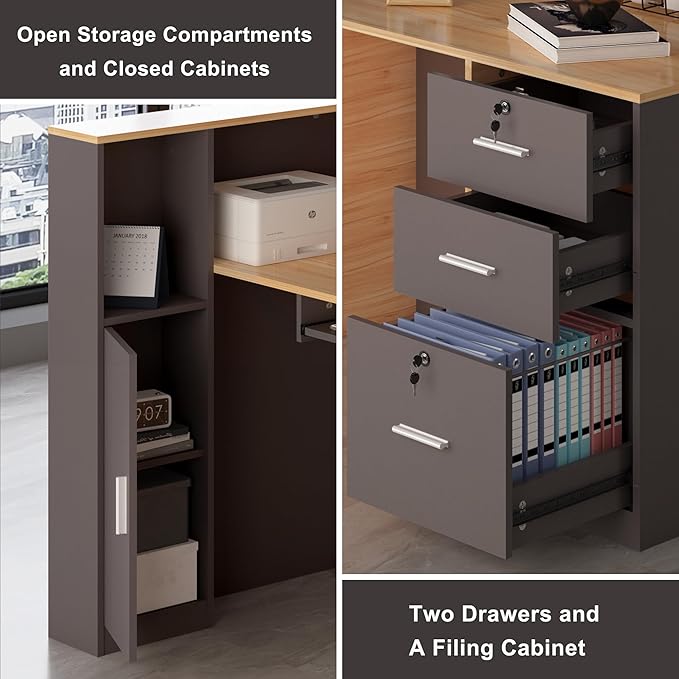 L-Shaped Reception Desk with Lockable Drawers, Adjustable File Cabinet & Keyboard Tray, Modern Front Counter for Office, Salon, or Lobby (Left-L Natural Wood/Slate Gray, 70.9''L x 23.6''W x 41.3''H)